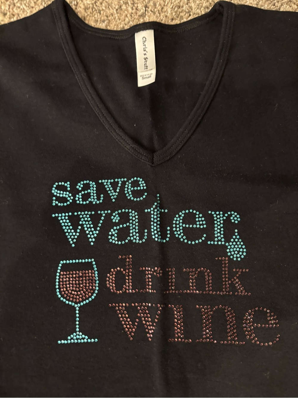 Black V-Neck Tee - 'Save Water Drink Wine' Crystal Graphic